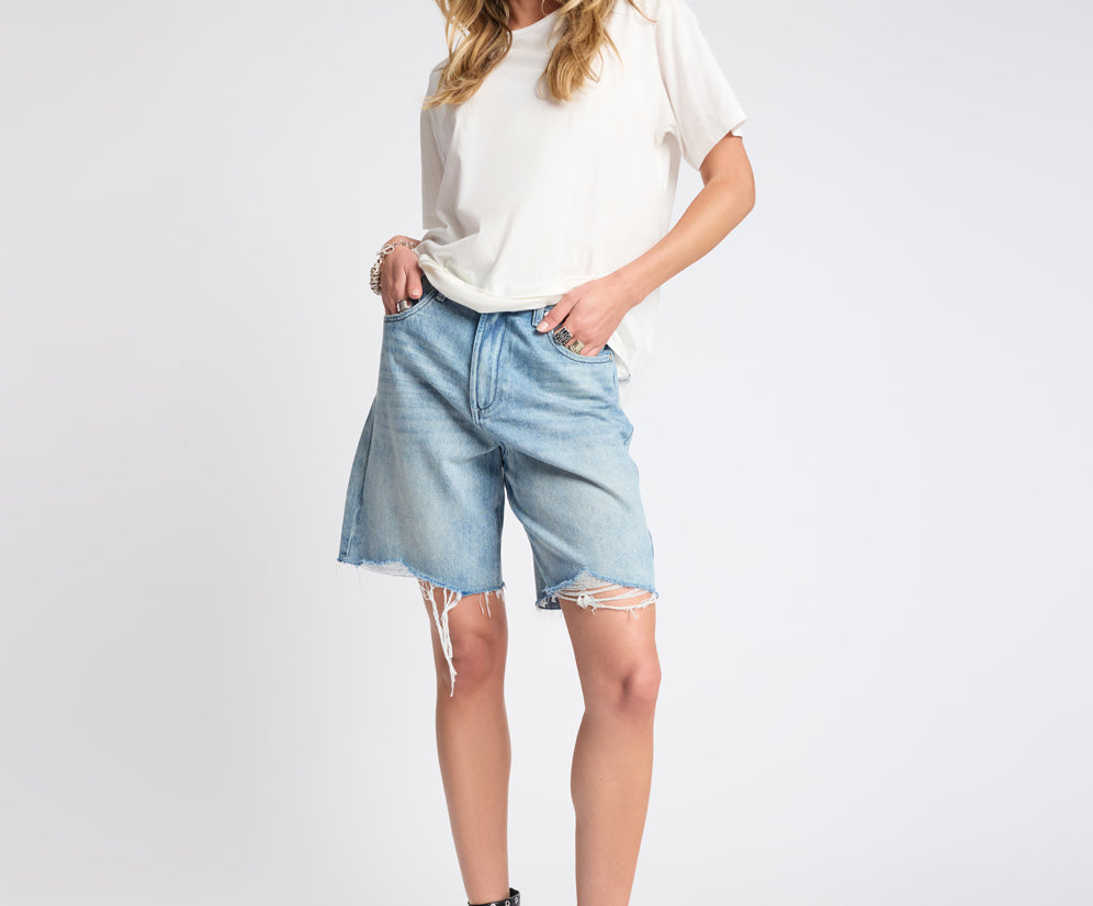 Rebel Rise High Waist Long Length Denim Shorts - Salty Dog