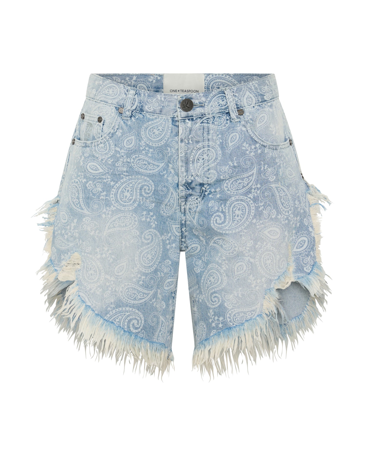 Frankies Low Waist Long Length Denim Shorts - Paisley Era Blue