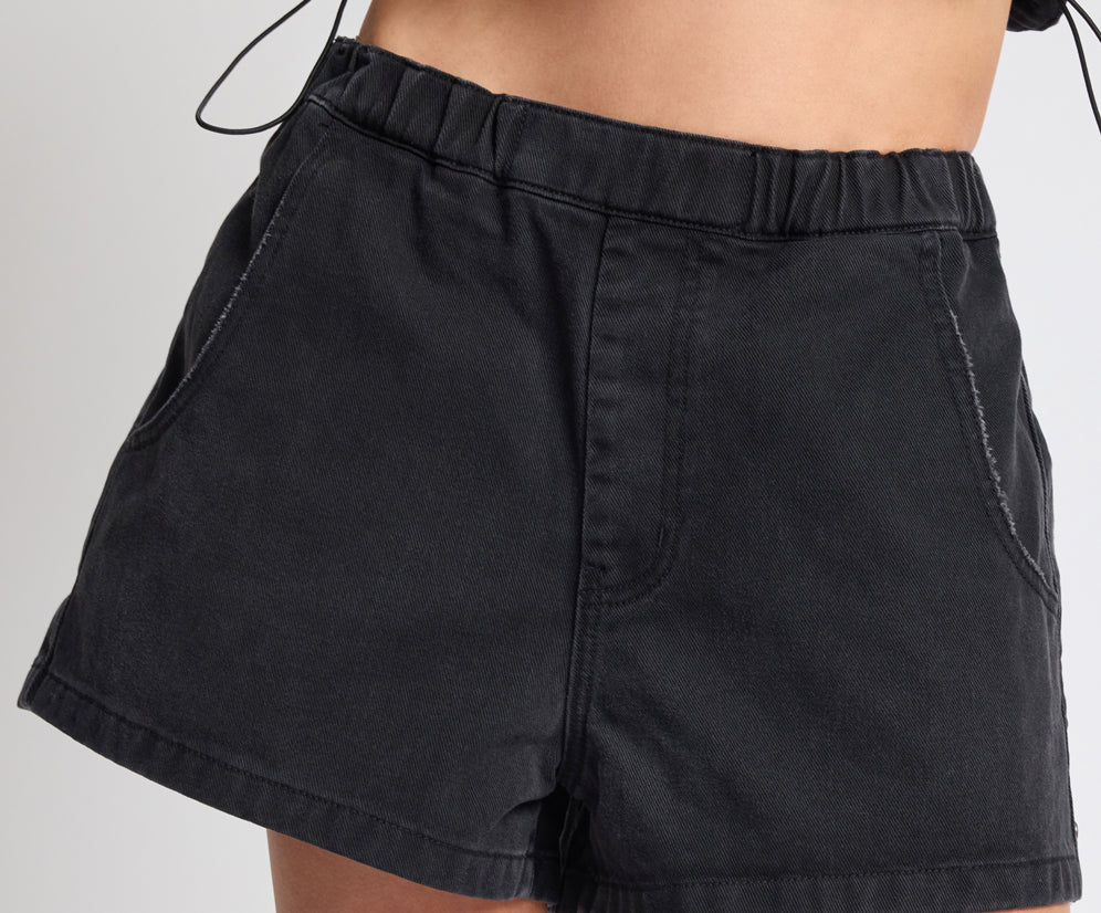 Funks High Waist Elasticated Denim Shorts - Smokey Black