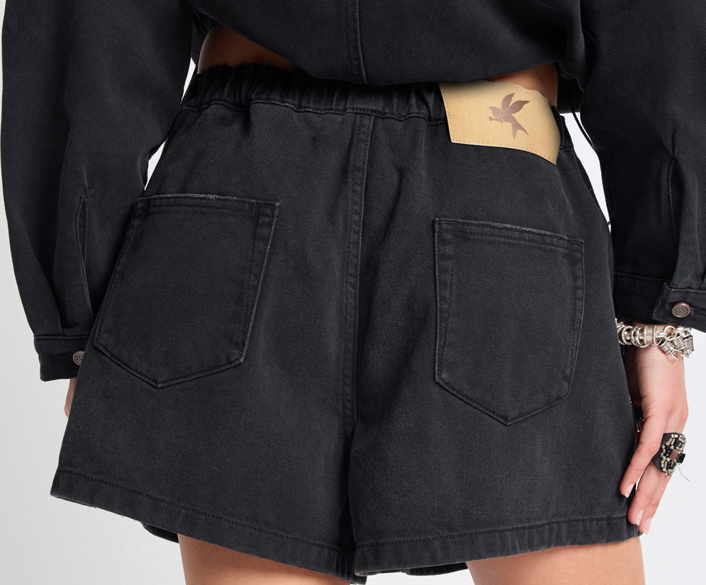 Funks High Waist Elasticated Denim Shorts - Smokey Black