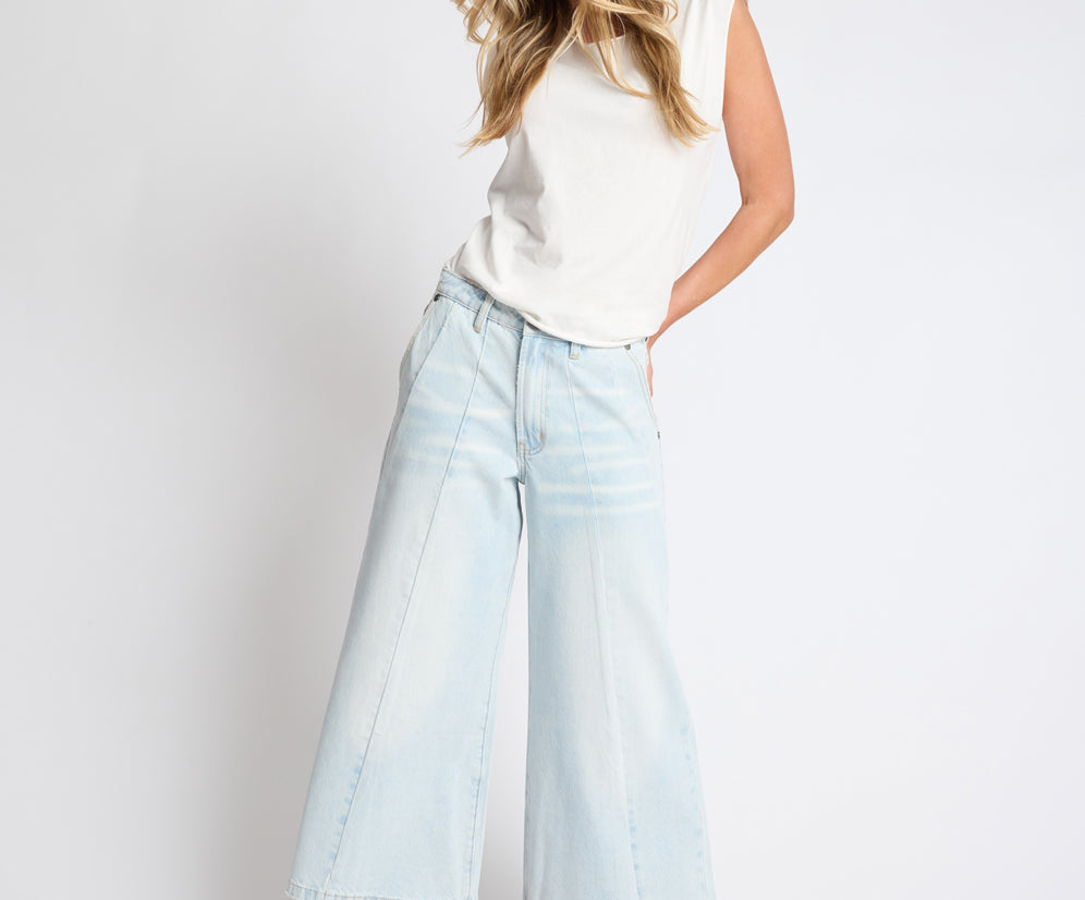Hayden Mid Waist Wide Leg Cropped Denim Jeans - Bel Air Blue