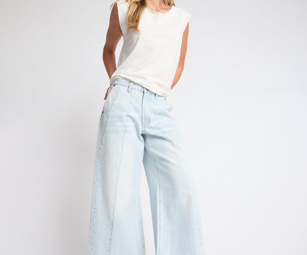 Hayden Mid Waist Wide Leg Cropped Denim Jeans - Bel Air Blue