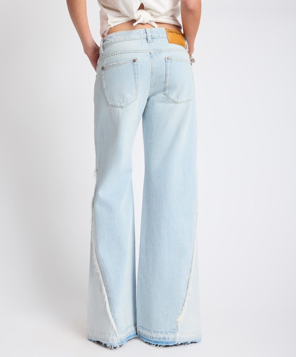 【最終値下げ】andwang CutOut Ribbon Flare Denim Johnnies Low Waist Wide Leg Flared Denim Jeans - Cosmic Blue | One