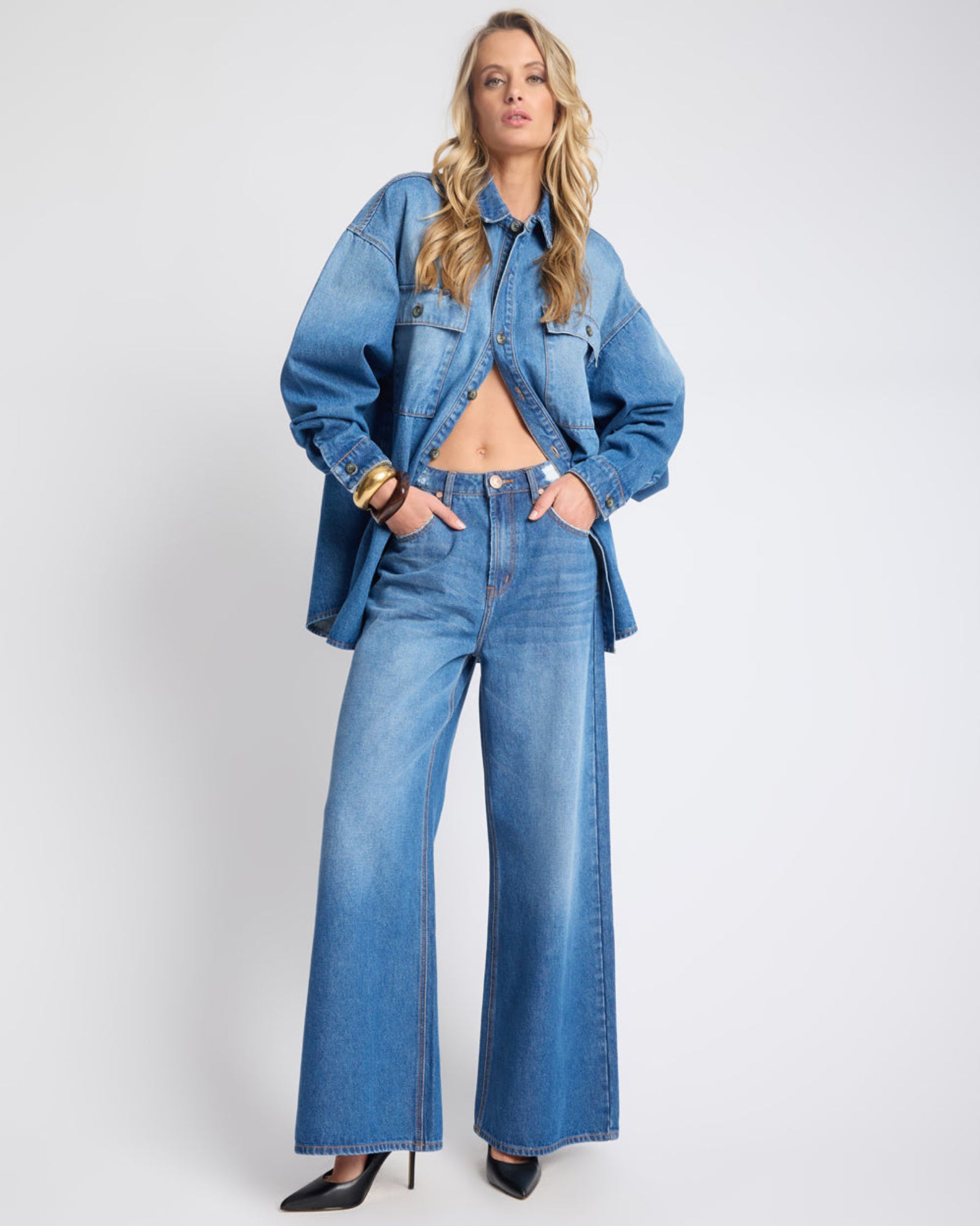 Love Machines Mid Waist Super Wide Leg Denim Jeans - Pacifica Blue