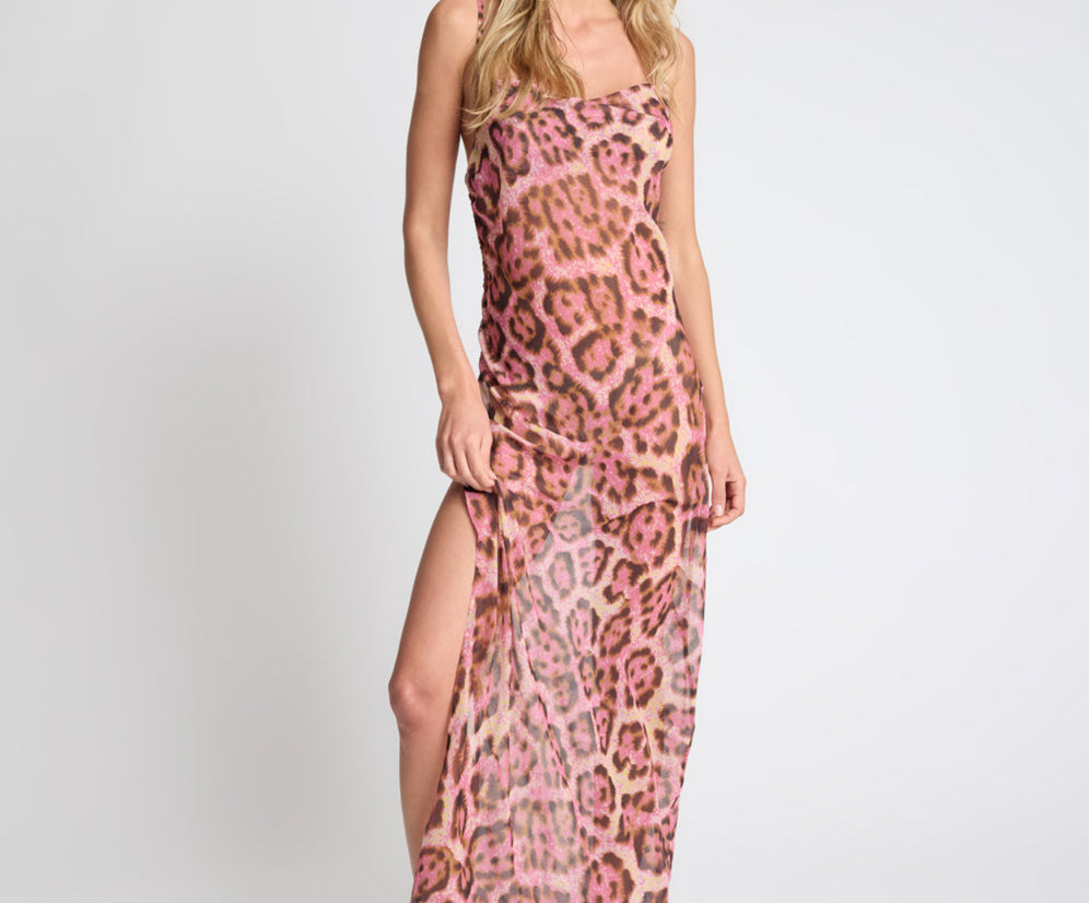 pink leopard slip dress One Teaspoon Rhiannon Ruched Long Slip Maxi Dress