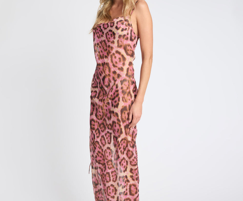 animal print pink dress Paige Halter Pleated Belted Dress / Pink Animal