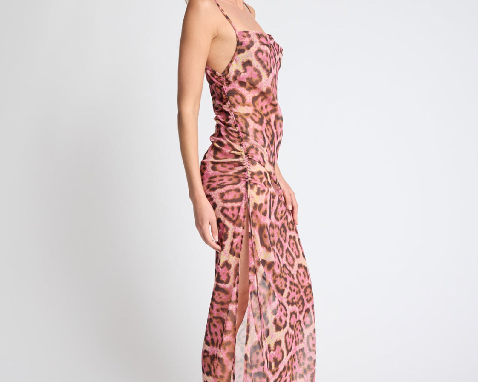 Rhiannon Ruched Long Slip Maxi Dress - Pink Leopard