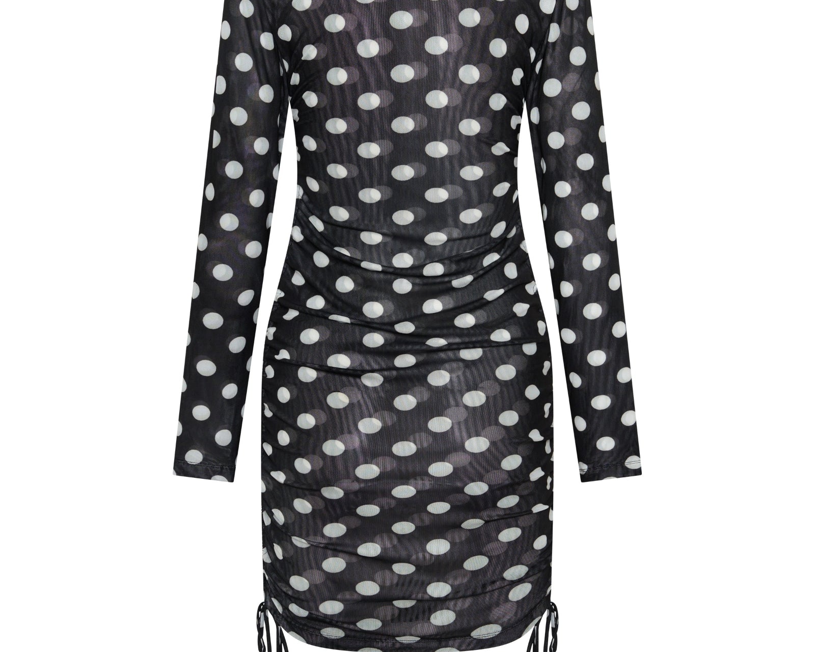 Polka Darling Sheer Mesh Ruched Mini Dress - Black & White Polka Dot