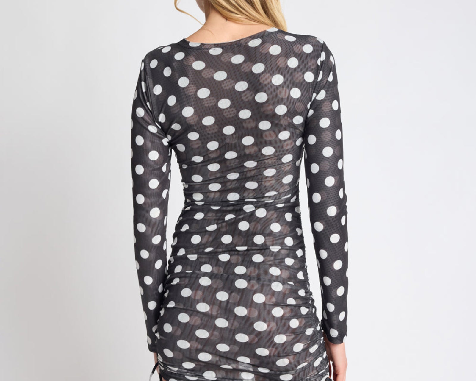 Polka Darling Sheer Mesh Ruched Mini Dress - Black & White Polka Dot