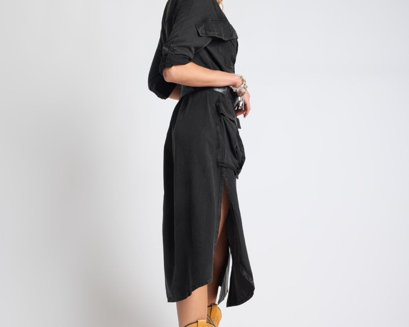 Crushed Midi Shirt Dress - Black