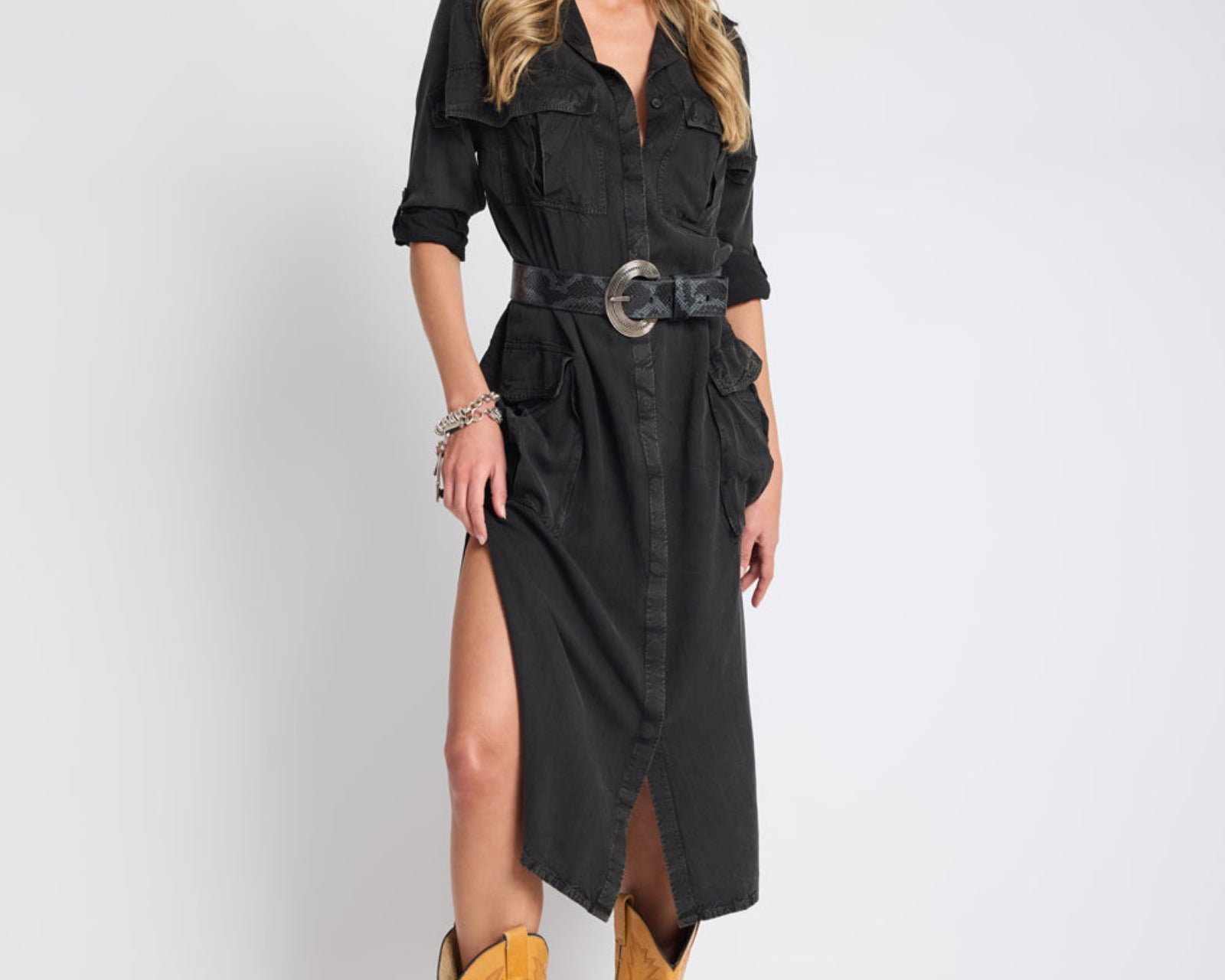 Crushed Midi Shirt Dress - Black