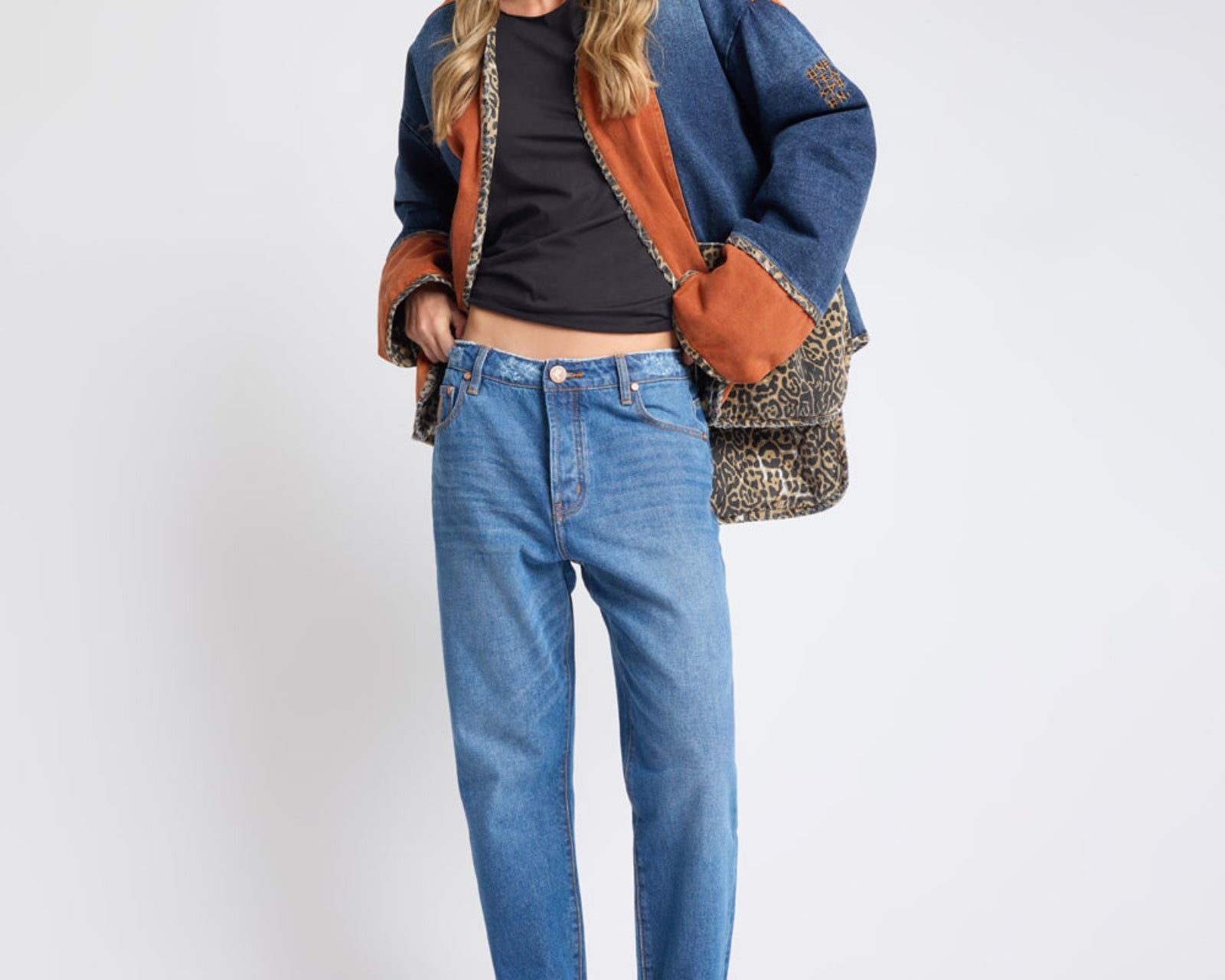 Bang Bang Reversible Colour Blocked Denim Wadded Jacket - Animal Blue Rust