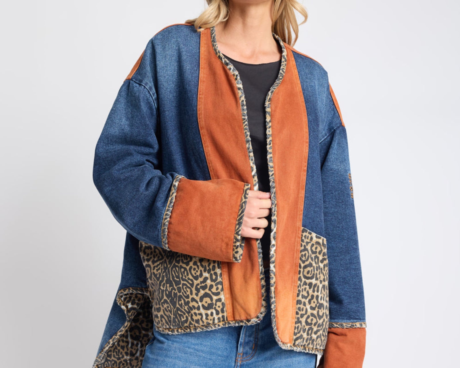 Bang Bang Reversible Colour Blocked Denim Wadded Jacket - Animal Blue Rust