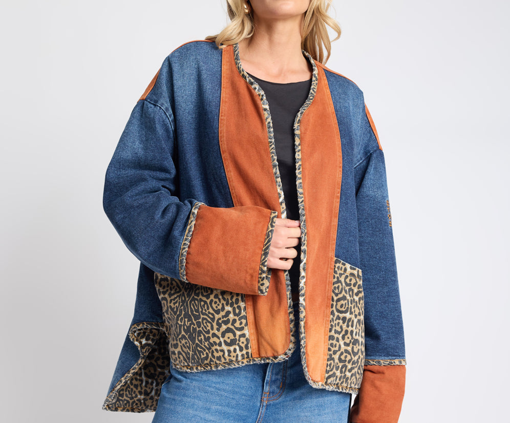 Bang Bang Reversible Colour Blocked Denim Wadded Jacket - Animal Blue Rust