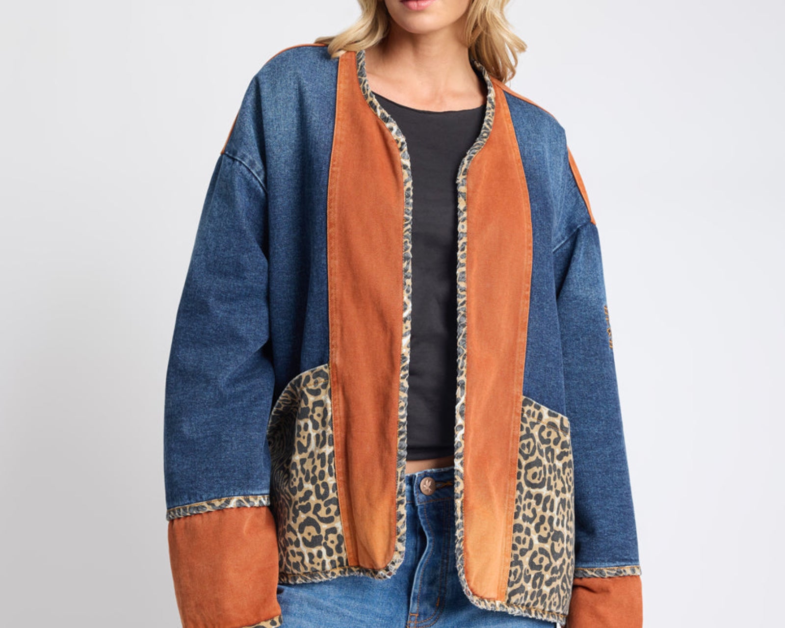 Bang Bang Reversible Colour Blocked Denim Wadded Jacket - Animal Blue Rust