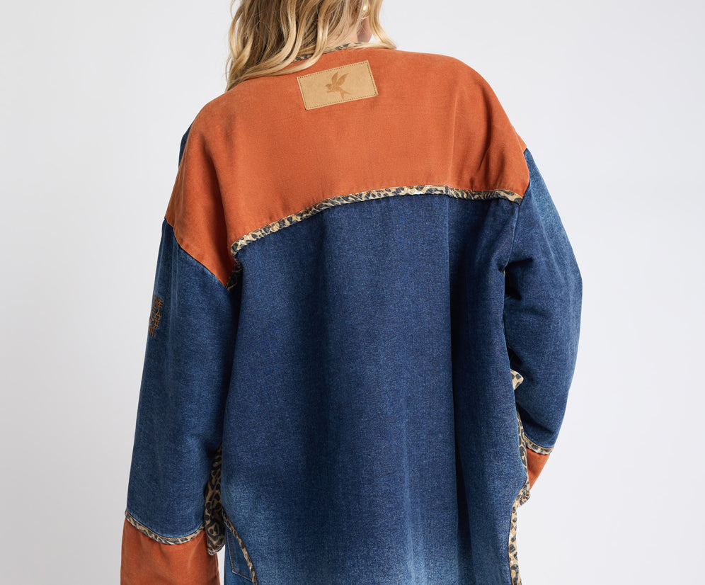 Bang Bang Reversible Colour Blocked Denim Wadded Jacket - Animal Blue Rust