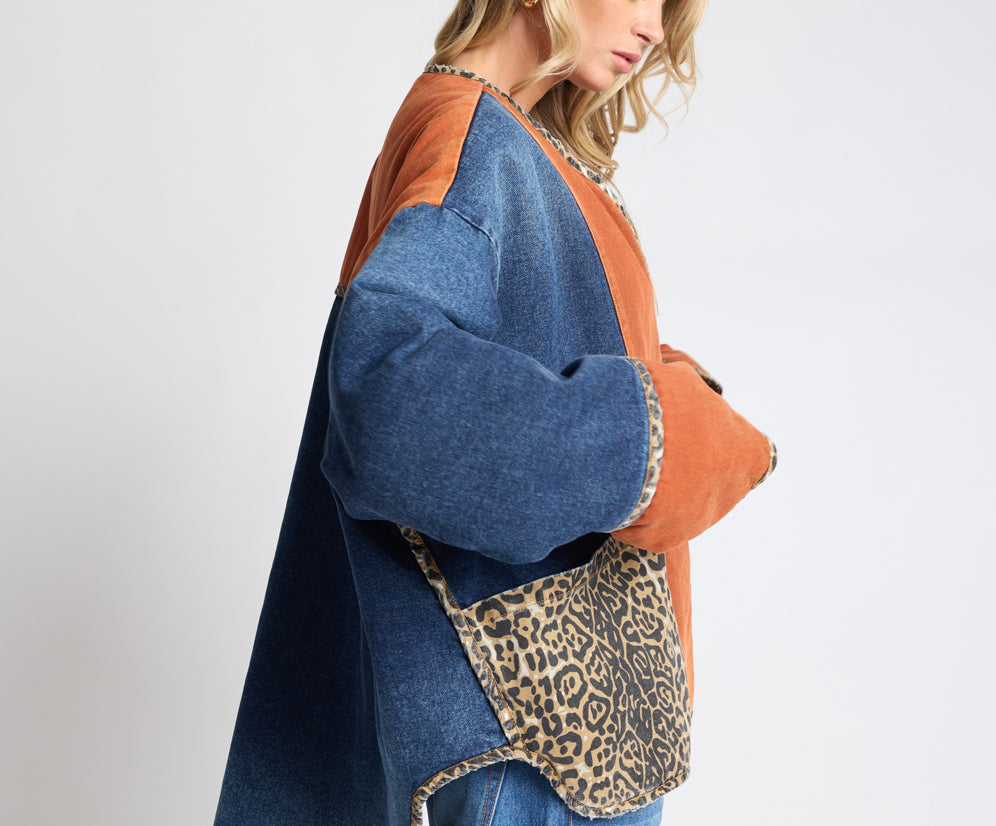 Bang Bang Reversible Colour Blocked Denim Wadded Jacket - Animal Blue Rust
