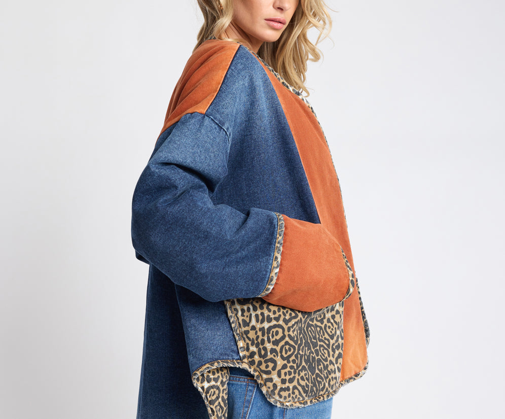 Bang Bang Reversible Colour Blocked Denim Wadded Jacket - Animal Blue Rust