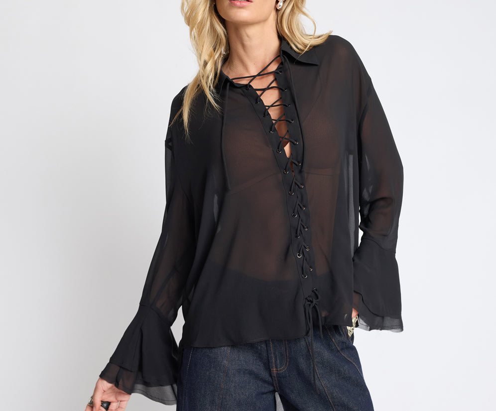 Dark Muse Sheer Lace Up Shirt - Black
