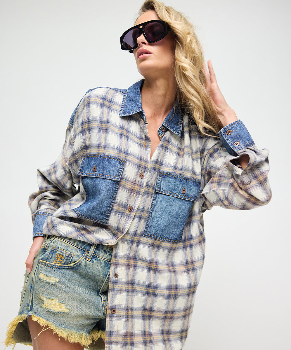 新品未使用Studio Doe Oversized Plaid Shirt Oversized Flannel Shirt - Blue & White Check | One Teaspoon USA