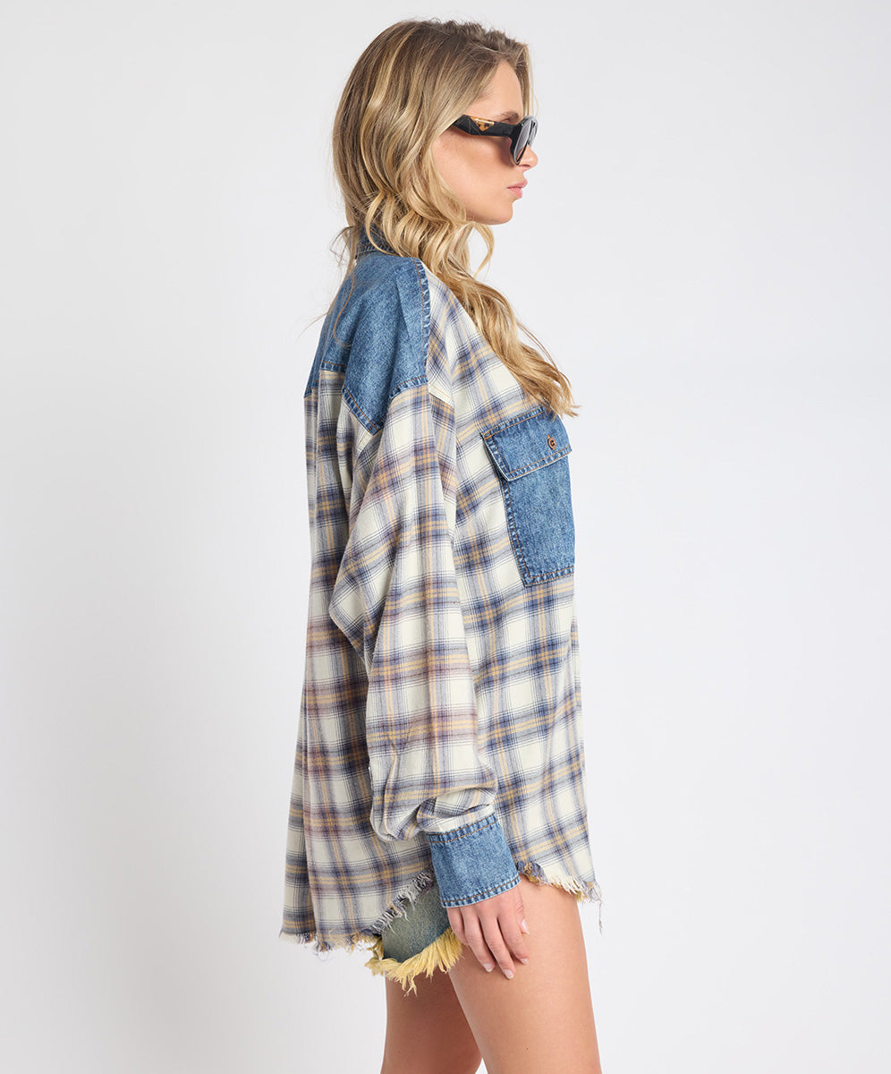 Oversized Flannel Shirt - Blue & White Check | One Teaspoon USA