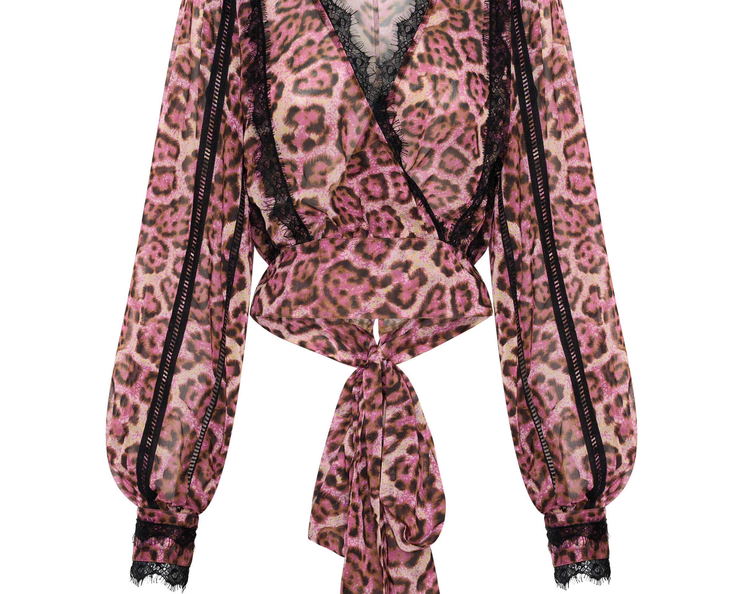 Songbird Sheer Balloon Sleeve Tie-Up Blouse - Pink Leopard