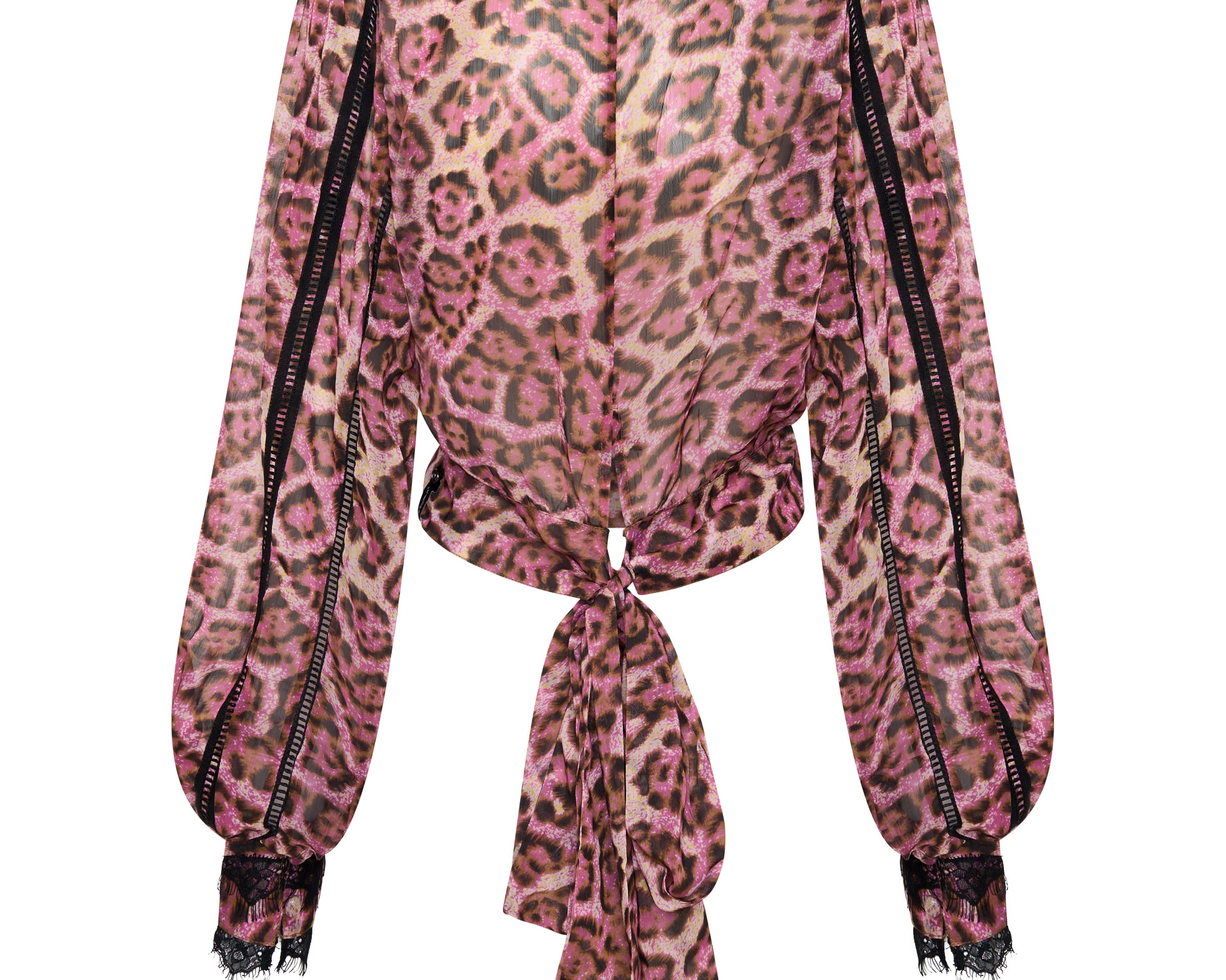 Songbird Sheer Balloon Sleeve Tie-Up Blouse - Pink Leopard