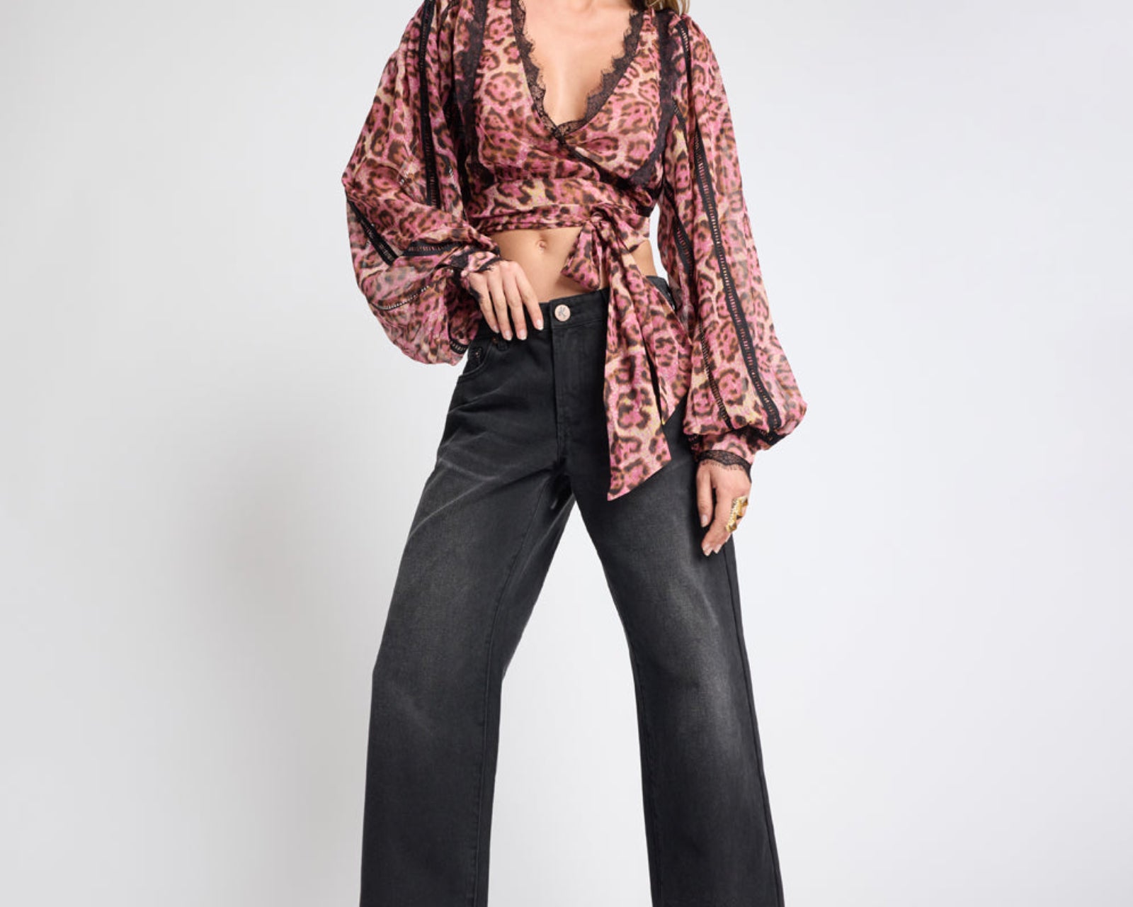 Songbird Sheer Balloon Sleeve Tie-Up Blouse - Pink Leopard