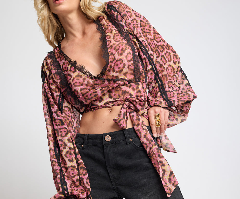 Songbird Sheer Balloon Sleeve Tie-Up Blouse - Pink Leopard