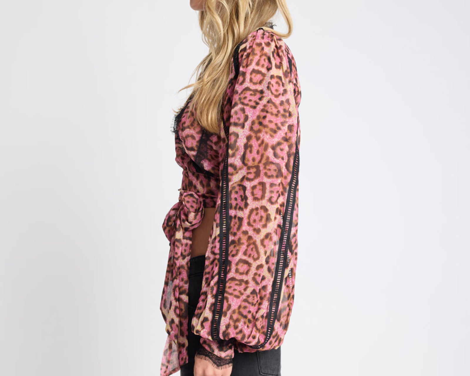 Songbird Sheer Balloon Sleeve Tie-Up Blouse - Pink Leopard