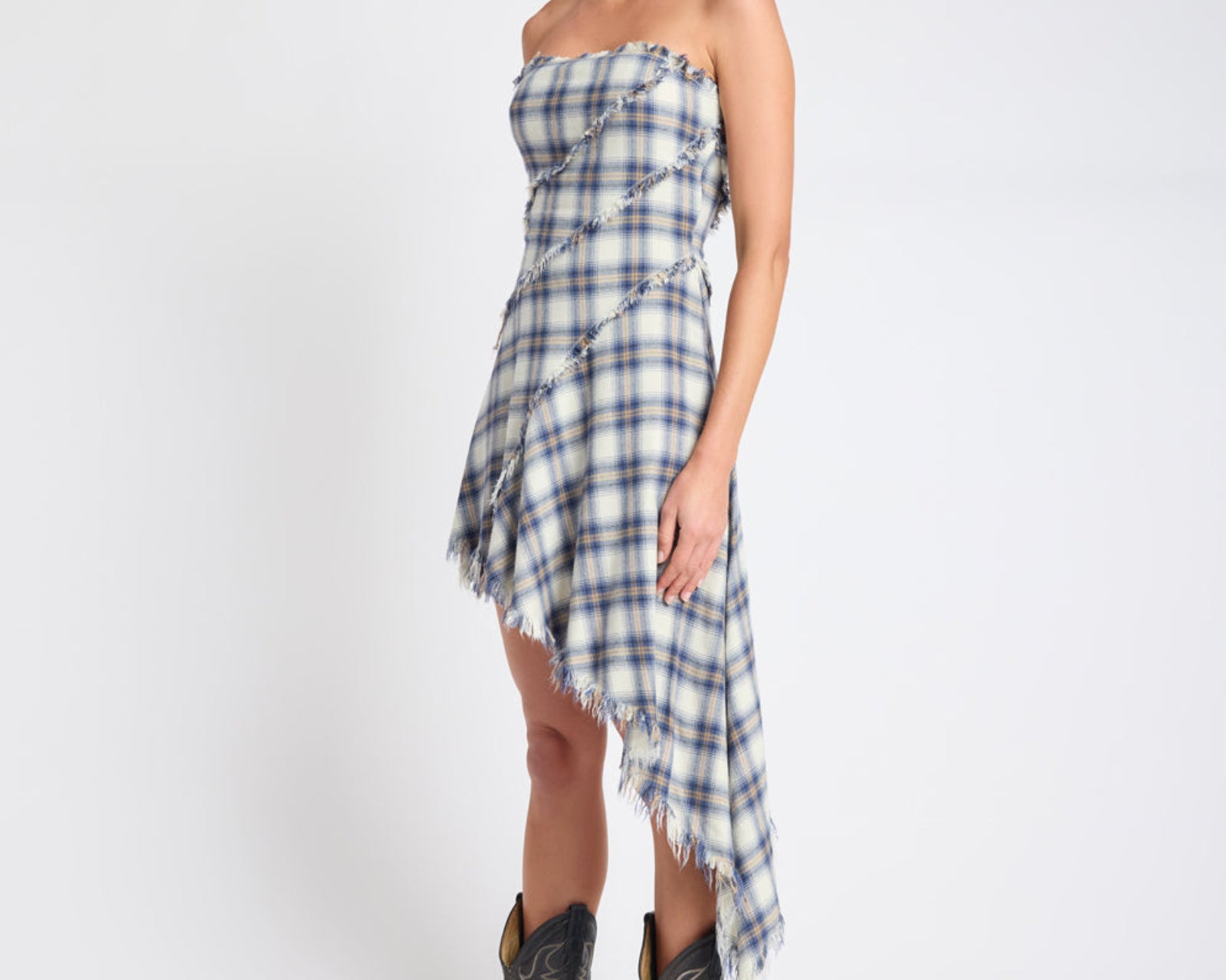 Heart Of Glass Asymmetrical Flannel Mini Dress - Blue & White Check
