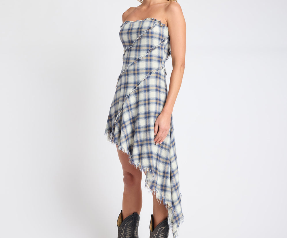 Heart Of Glass Asymmetrical Flannel Mini Dress - Blue & White Check