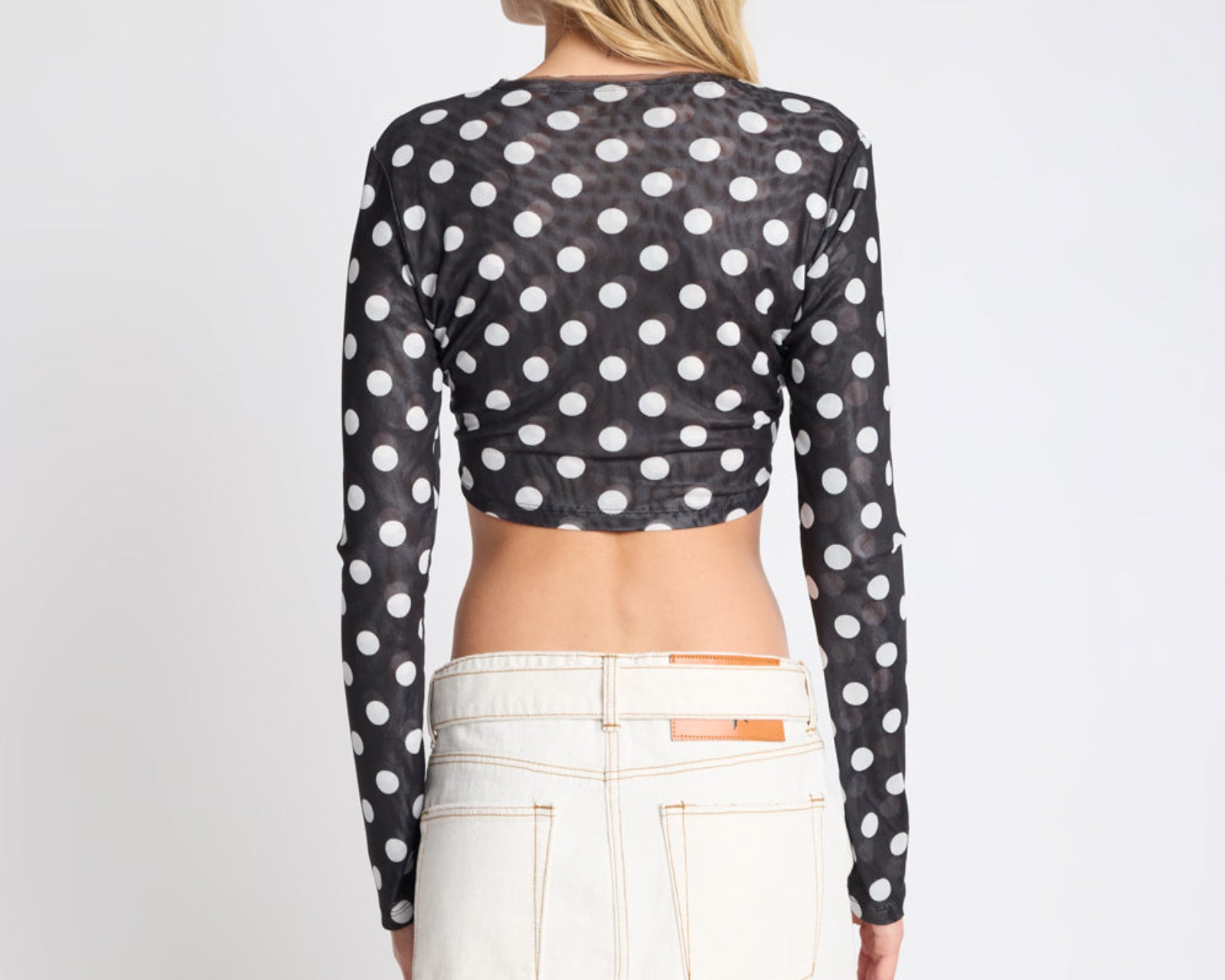 Polka Darling Sheer Mesh Longsleeve Crop Top - Black & White Polka Dot