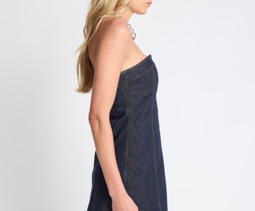 mini denim strapless dress Trendy Girl Next Door Strapless Denim Mini Dress