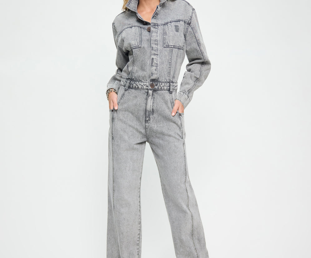 Icon Longsleeved Straight Leg Denim Jumpsuit - Soft Grey