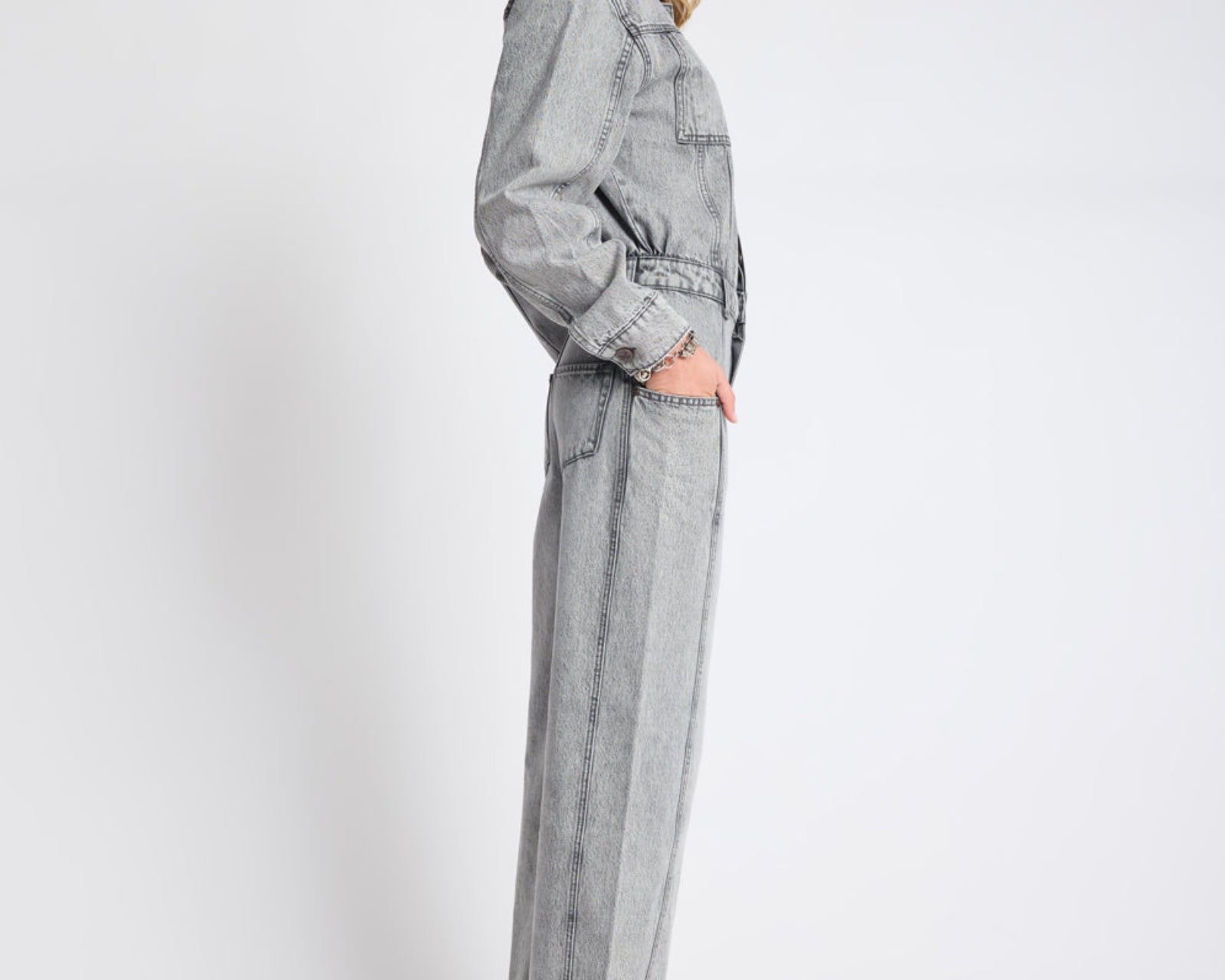 Icon Longsleeved Straight Leg Denim Jumpsuit - Soft Grey