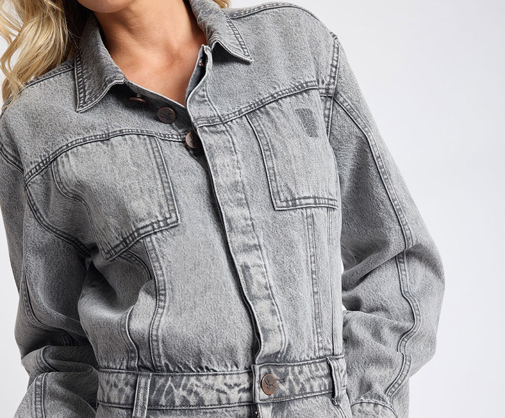 Icon Longsleeved Straight Leg Denim Jumpsuit - Soft Grey