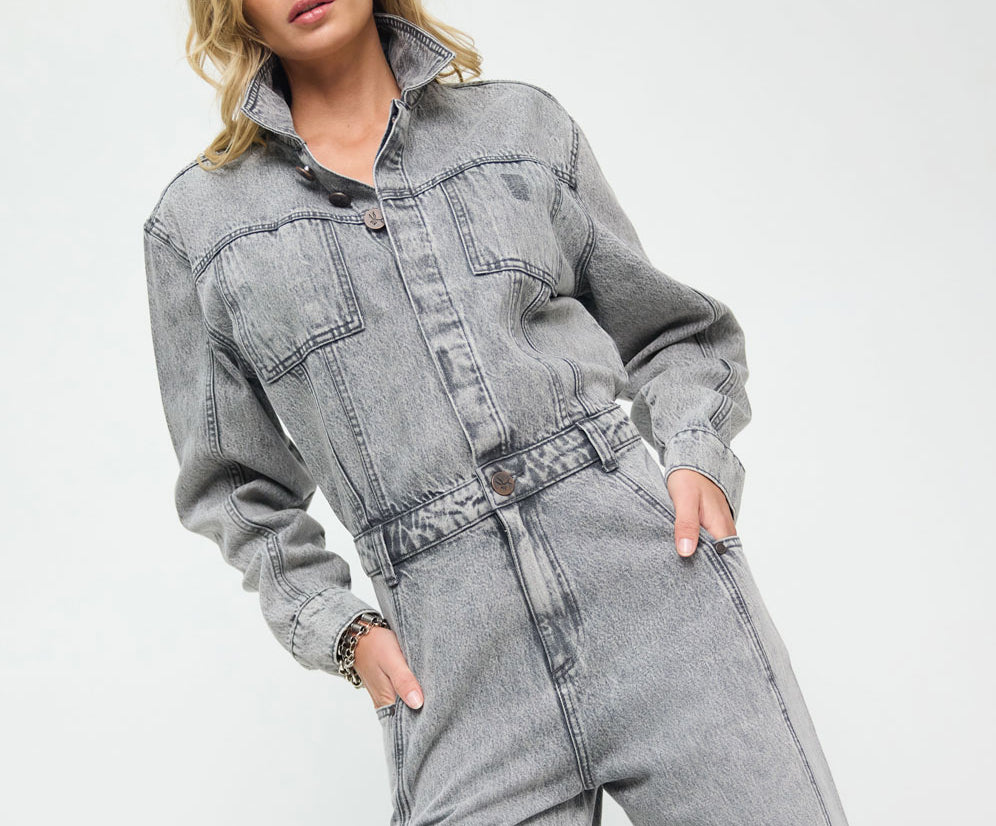 Icon Longsleeved Straight Leg Denim Jumpsuit - Soft Grey