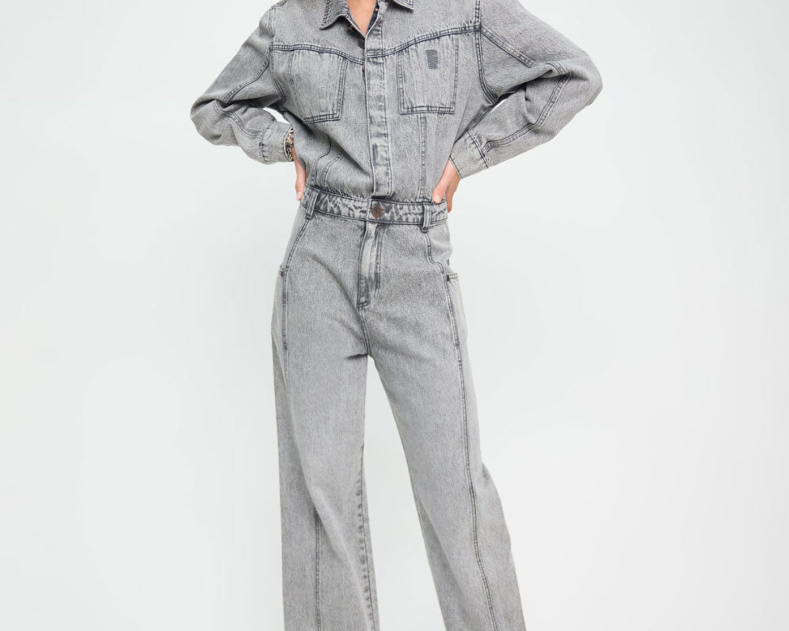 Icon Longsleeved Straight Leg Denim Jumpsuit - Soft Grey