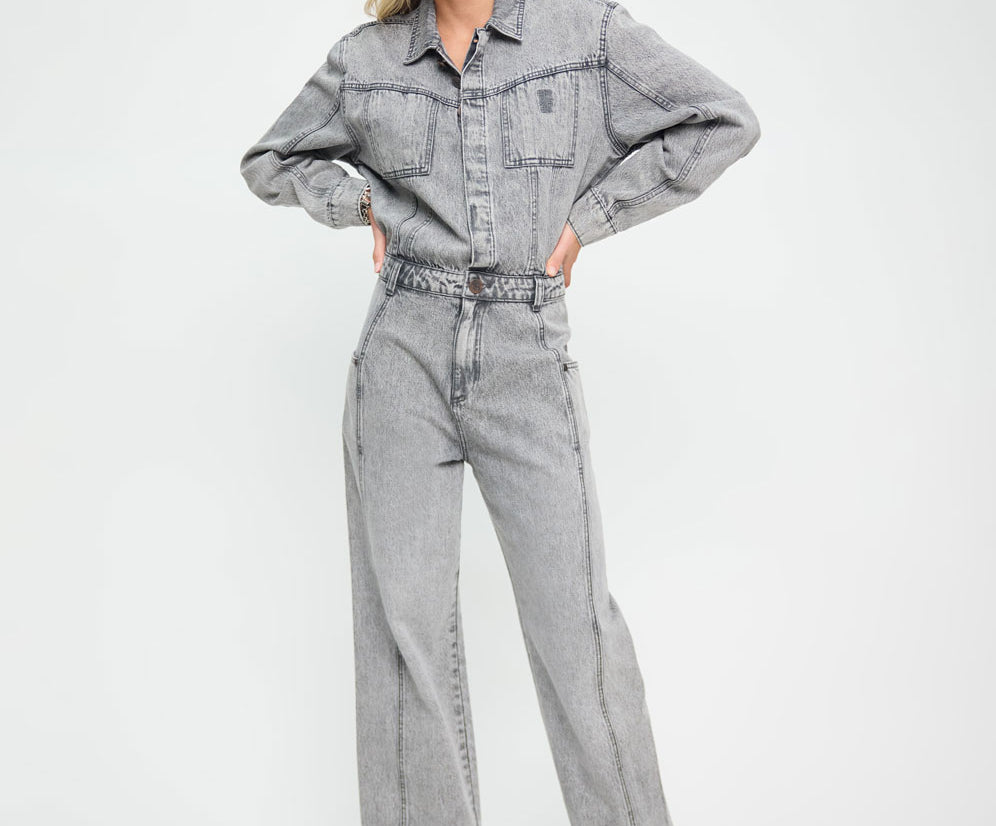 Icon Longsleeved Straight Leg Denim Jumpsuit - Soft Grey