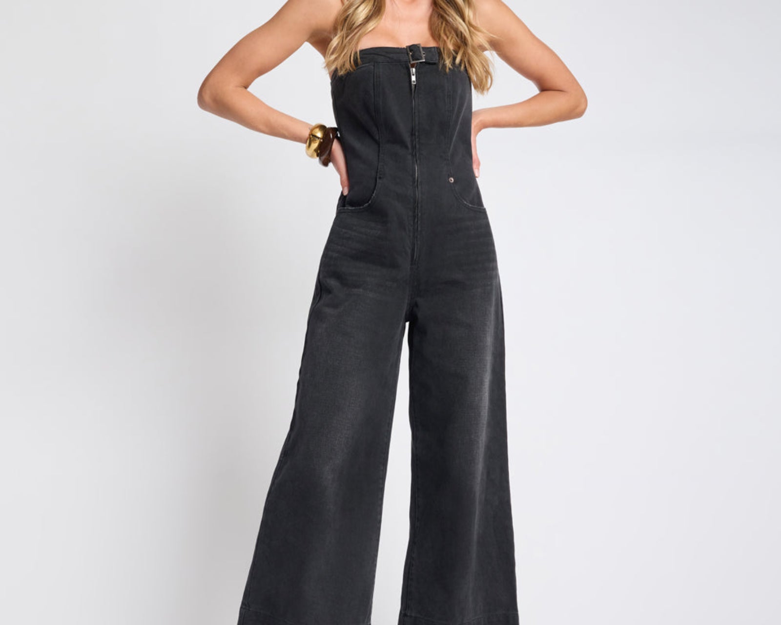 Dark Angel Strapless Wide Leg Denim Jumpsuit - Smokey Black