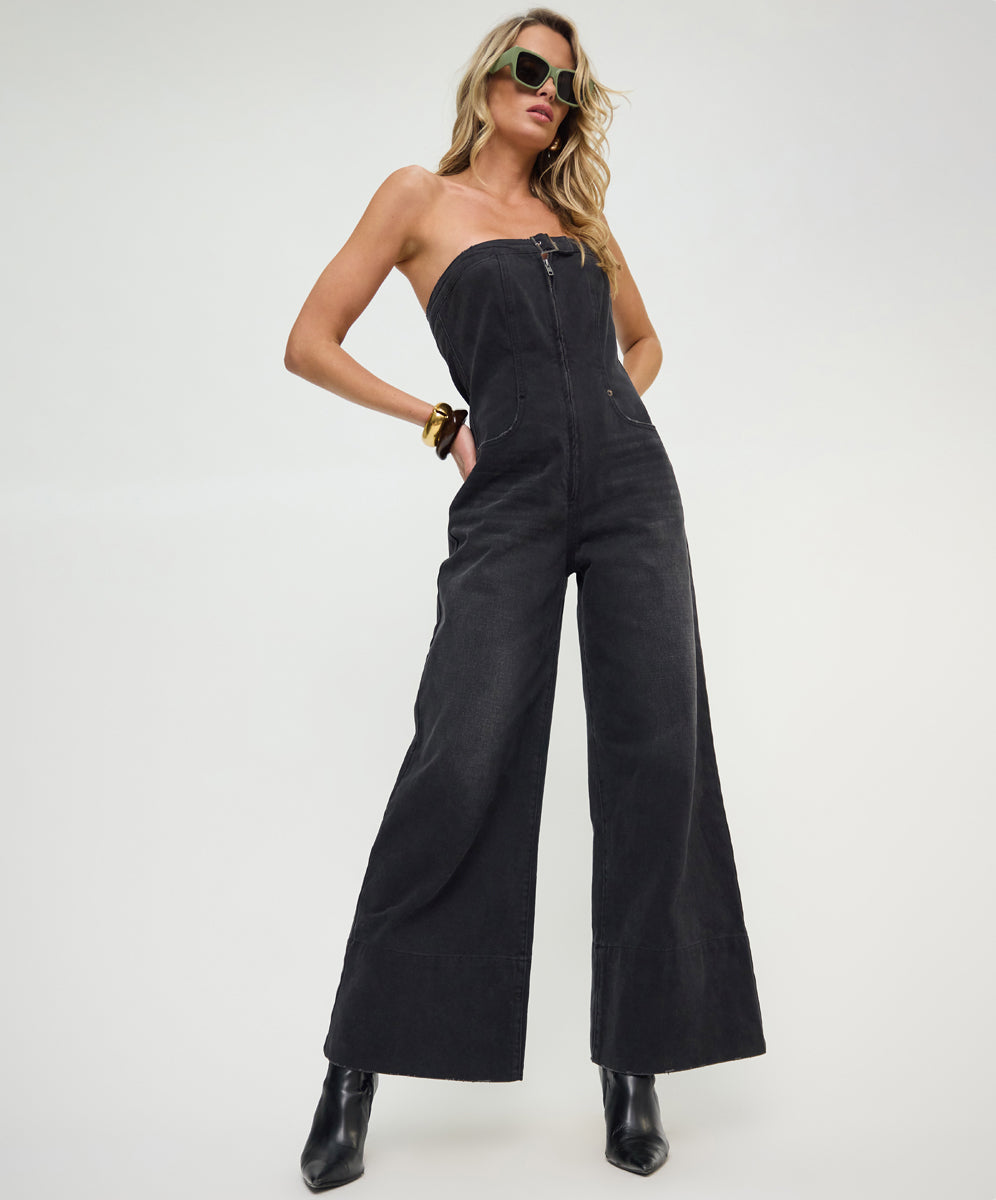Dark Angel Strapless Wide Leg Denim Jumpsuit - Smokey Black | One