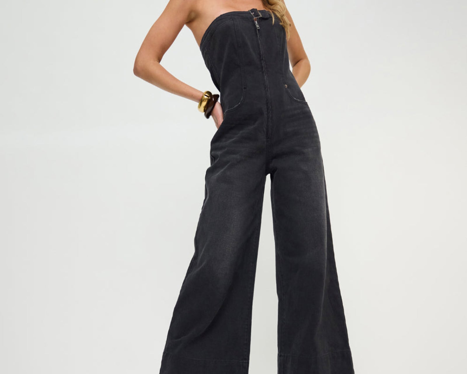 Dark Angel Strapless Wide Leg Denim Jumpsuit - Smokey Black