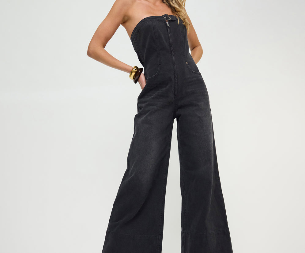 Dark Angel Strapless Wide Leg Denim Jumpsuit - Smokey Black