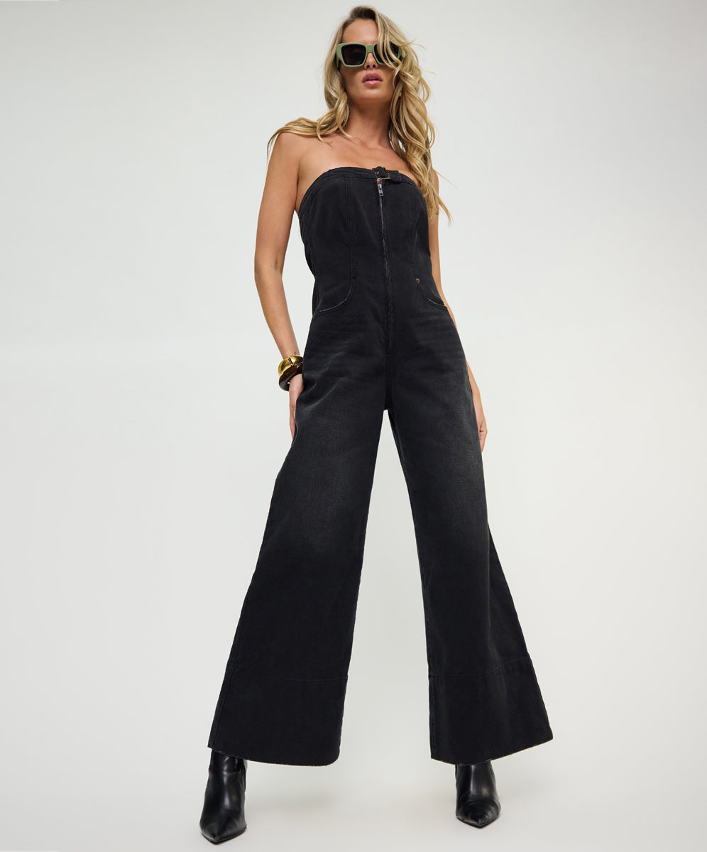 値下げ❣️ollkyotoJane Black Denim Jumpsuit Dark Angel Strapless Wide Leg Denim Jumpsuit - Smokey Black | One