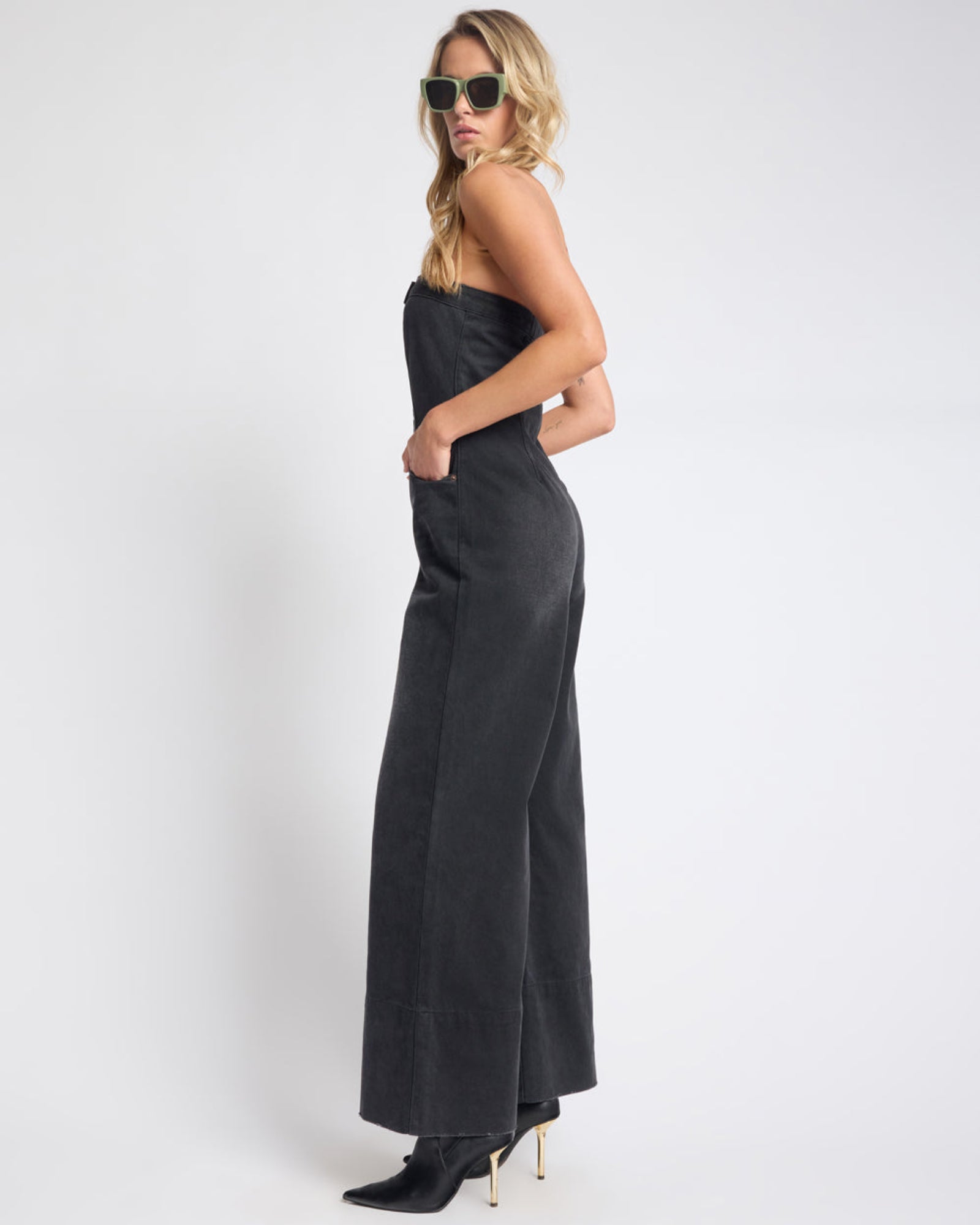 Dark Angel Strapless Wide Leg Denim Jumpsuit - Smokey Black | One
