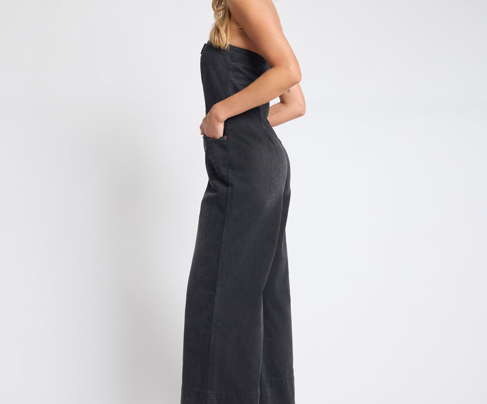 Dark Angel Strapless Wide Leg Denim Jumpsuit - Smokey Black