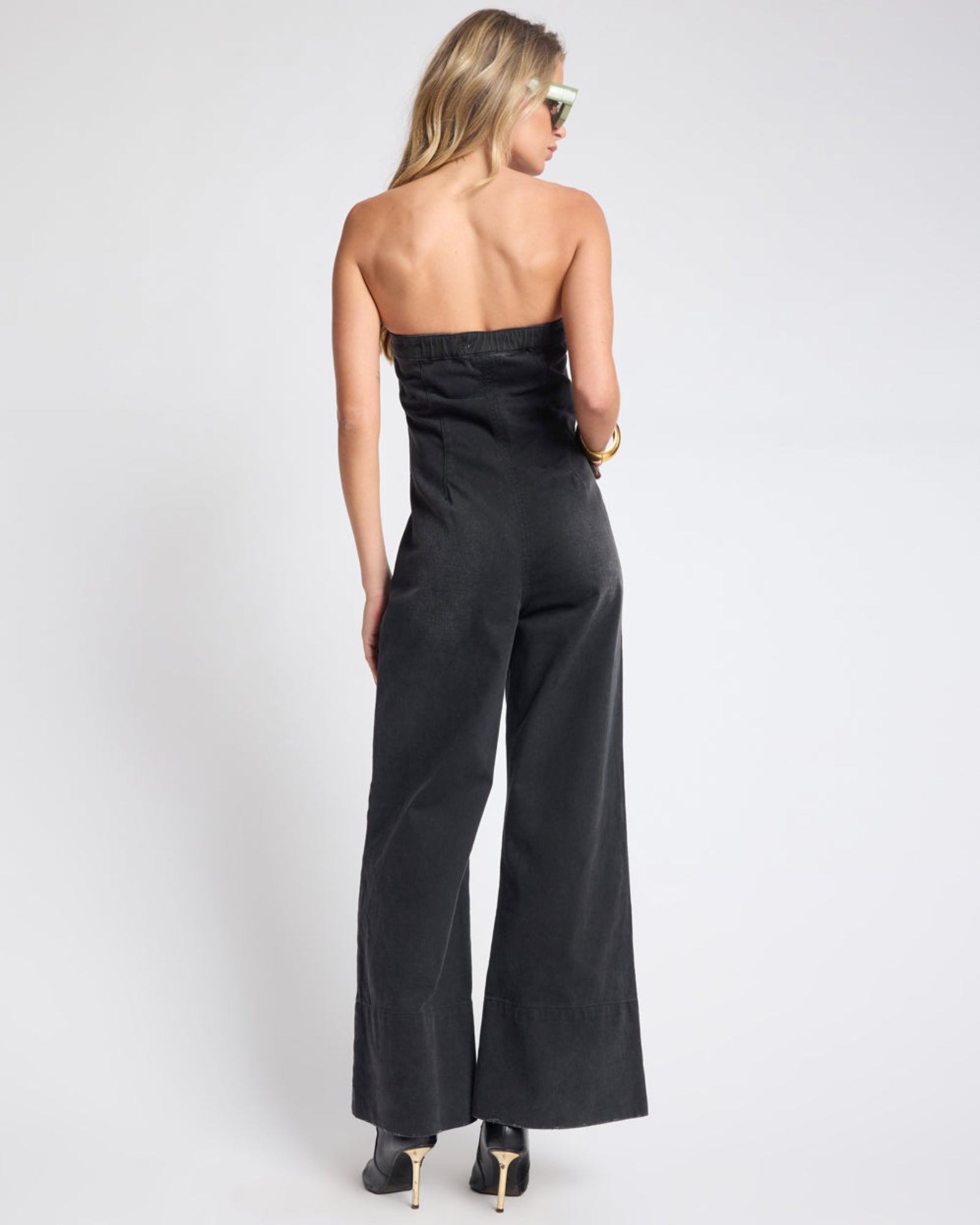 Dark Angel Strapless Wide Leg Denim Jumpsuit - Smokey Black | One