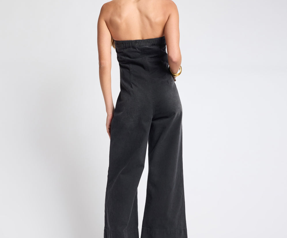 Dark Angel Strapless Wide Leg Denim Jumpsuit - Smokey Black