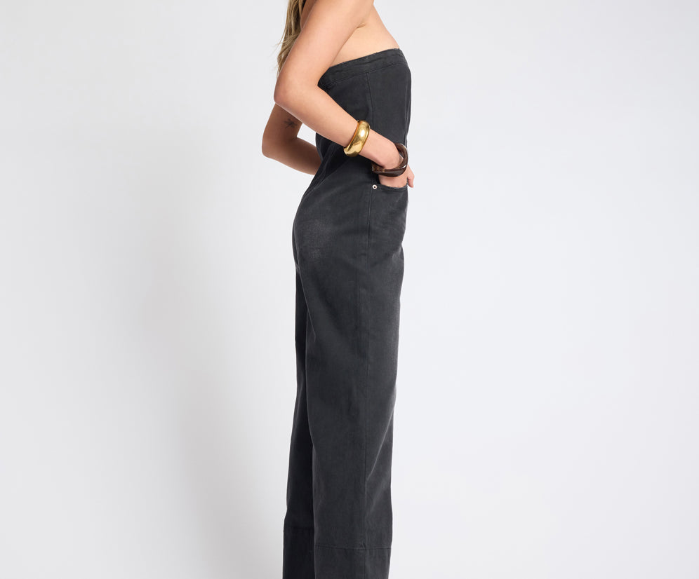 Dark Angel Strapless Wide Leg Denim Jumpsuit - Smokey Black